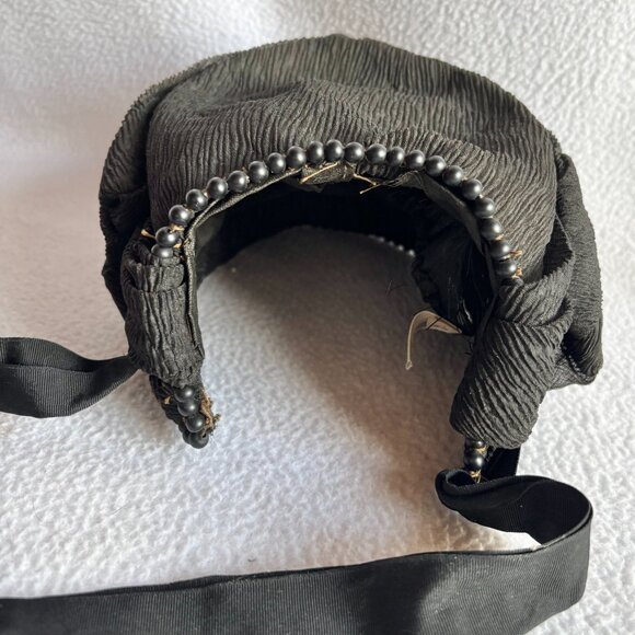 Antique Victorian Black Crepe Beaded Ruched Bonnet main image 11